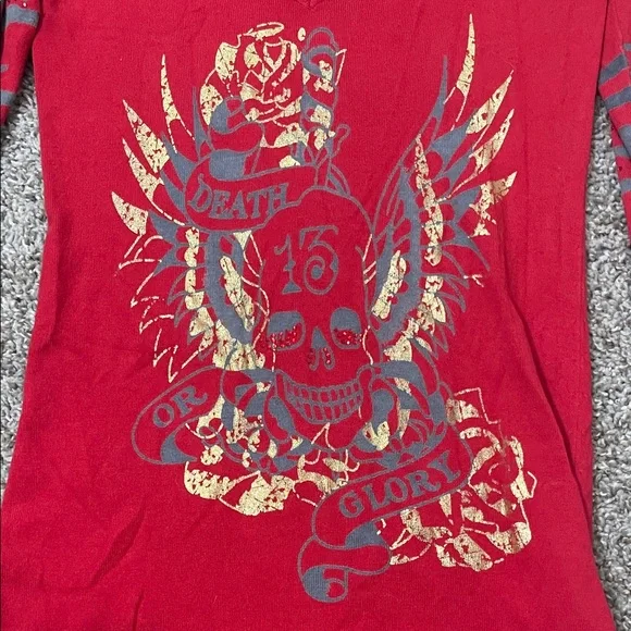 Ed Hardy by Christian Audigier tattoo art Red and Gray Long Sleeve Top - Picture 2 of 8